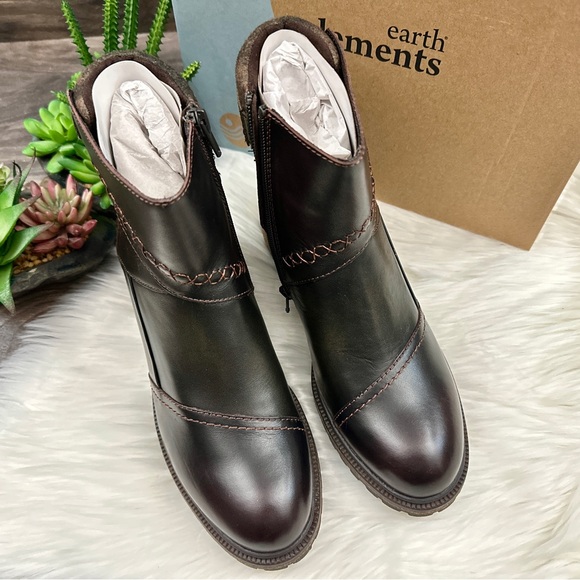 NIB Earth Elements Taylen Boot Bootie Lug Sole Patchwork Leather Walnut - Picture 3 of 14